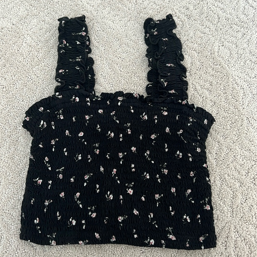 Hollister Black Floral Ruched Tank Top
